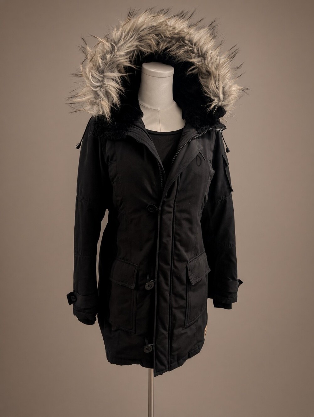 Women's Triple Five Soul Black Parka with Faux Fur Trim